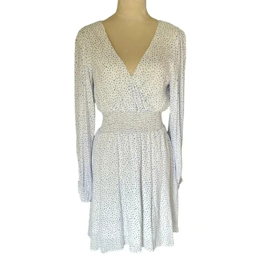 Gianni Bini Rory Delta VNeck Balloon Sleeves Wht Blue Smocked Waist Mini Dress M